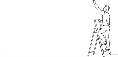 continuous line drawing of man standing on stepladder reaching up with arm, line art vector illustration