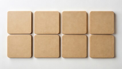 Obraz premium Eight Blank Square Brown Cardboard Coasters Arranged in a Grid on a White Surface