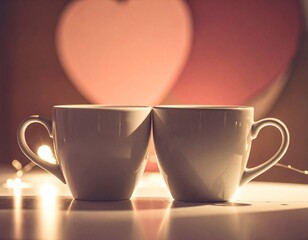 Two cups placed close together on a table, warm ambient light, cozy and intimate Valentine feeling, soft shadows, calm emotional mood
