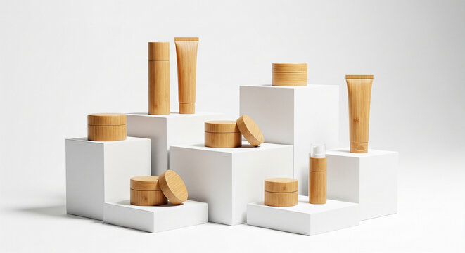 Collection of Sustainable Bamboo Cosmetic Packaging on White Pedestals, Eco-Friendly Skincare Product Mockup Set