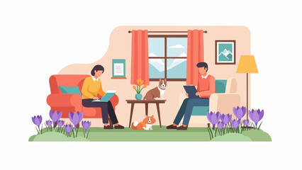 Obraz na płótnie Canvas Couple working remotely from home with pets and flowers outside