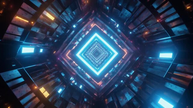 A vibrant tunnel with glowing lights and geometric patterns.