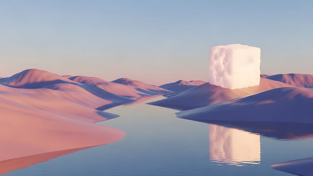 Ethereal desert scape with a glowing textured cube reflecting in a peaceful river - Powered by Adobe