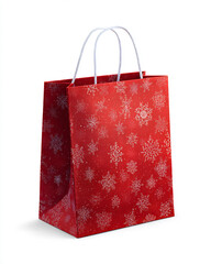 Festive holiday gift bag vibrant red subtle abstract pattern of white snowflake fluffy white cotton handle Cheerful bright lighting isolated pure white background celebratory sharp no specific holiday