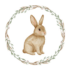 Fototapeta premium Soft watercolor bunny in a spring leaves wreath. Easter rabbit illustration with green foliage circle. Cute brown hare art for garden holiday cards.