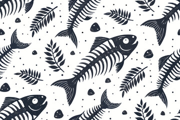 Vivid Hand Drawn Fish Bones Silhouette Pattern