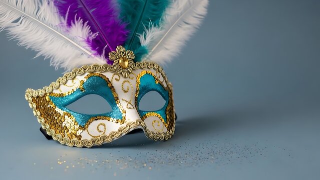 Ornate feathered masquerade ball mask featuring vibrant turquoise glitter gold trim and white feathers resting against a smooth muted blue studio background signifying mystery and celebration