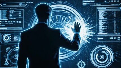 Silhouette of businessman facing complex digital hud interface with binary code and data visualization - Powered by Adobe