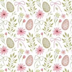 Seamless watercolor Easter eggs and floral pattern.  Pink flowers with green leaves and bows background.  Festive spring botanical repeat for textile design. © Karina Martirosova