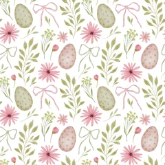 Seamless watercolor Easter eggs and floral pattern.  Pink flowers with green leaves and bows background.  Festive spring botanical repeat for textile design. © Karina Martirosova