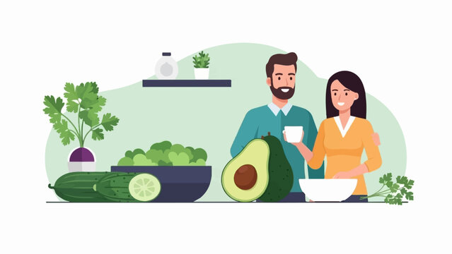 Couple preparing a healthy meal with fresh vegetables and avocados