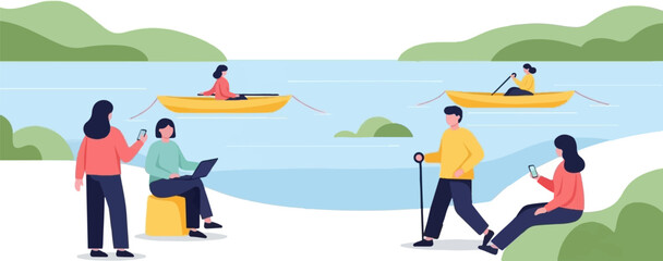 Diverse group enjoying water and outdoor activities by a serene lake, with some on laptops