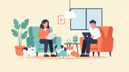 Fototapeta na wymiar Couple relaxing at home with their pets, one reading, one on laptop