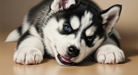 Fototapeta premium Meticulously Detailed Hyperrealistic Oil Painting of a Joyful Black and White Husky Puppy Flat Against the Canvas Museum Quality