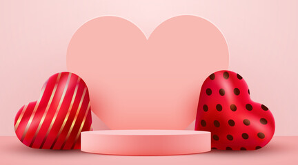 Valentines Day 3D Podium with Decorative Hearts and Pink Background.