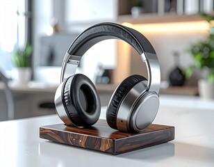 Minimalist Aluminum and Walnut Wood Headphone Stand Mockup Desk Setup