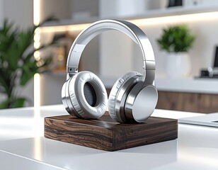 Minimalist Aluminum and Walnut Wood Headphone Stand Mockup Desk Setup