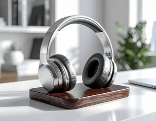 Minimalist Aluminum and Walnut Wood Headphone Stand Mockup Desk Setup