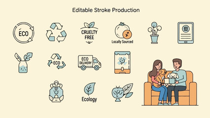 Collection of icons depicting eco-friendly concepts, including recycling, cruelty-free, and local sourcing