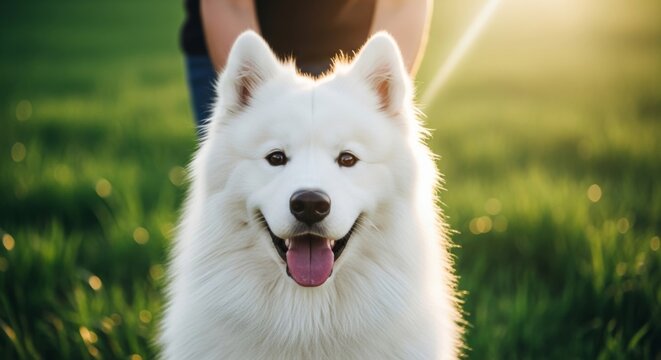 Hyperrealistic portrait of a warm white Samoyed companion glowing in deeply saturated green grass with prominent bokeh