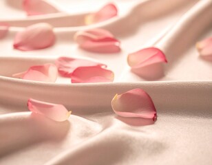 Rose petals scattered on silky fabric, soft shadows, warm romantic light, dreamy Valentine mood, shallow focus, gentle tones, luxury aesthetic