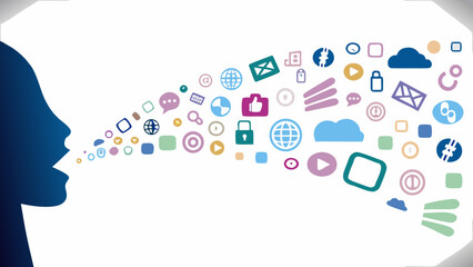 Vibrant digital communication icons emerging from a person's mouth