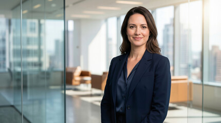 Fototapeta na wymiar Portrait of a confident businesswoman smiling in a modern sunlit office with glass walls and a city skyline view