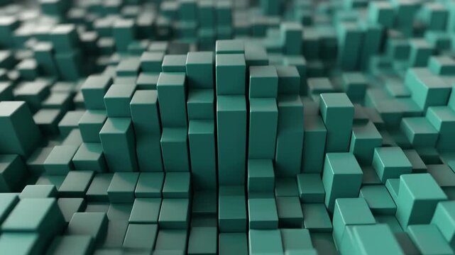 Abstract block structure green cube 3d render digital landscape pattern modern design teal background geometric texture modern