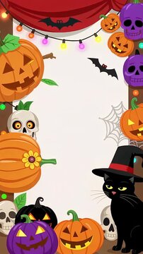Playful Halloween Border Scene With Pumpkins Cats and Skulls.