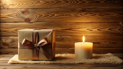 A wrapped present with a satin ribbon rests beside a burning candle on a soft, fluffy surface in front of a rustic wooden background.