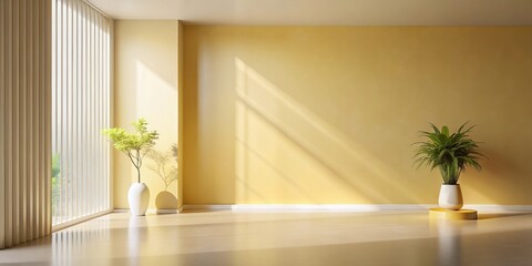 Fototapeta premium Sunlit Room Interior Design with Plants in White Pots on Light Wood Floor