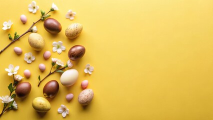 Pastel Easter Eggs and Blossoms on Yellow Background A Festive Springtime Design