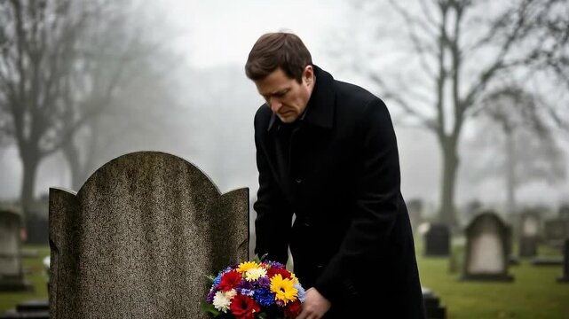 Somber reflection: man with flowers pays respect at misty cemetery gravestone
