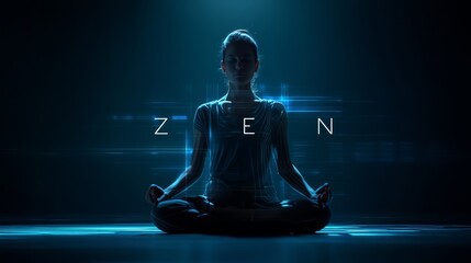 Futuristic woman meditating in lotus pose with blue digital light effects and Zen text