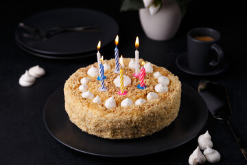 Whole holiday cake with crumbly shortcrust pastry and mini meringue. Birthday cake with lit...