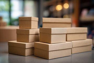 Ecommerce packaging boxes are organized and stacked inside a delivery space at a warehouse during daytime hours
