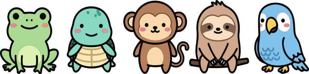 Fototapeta premium Cute animal row on white backdrop, front of frog turtle monkey sloth parrot