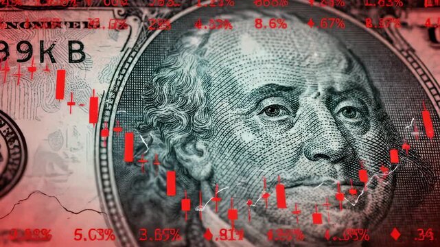 Dollar bill shows crisis with falling percentages and red chart overlay. Currency displays market crash data. Dollar with crisis percentages. Financial decline on dollar with falling market data.