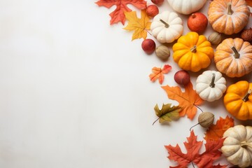 Assorted mini pumpkins and colorful autumn leaves creating a festive seasonal border