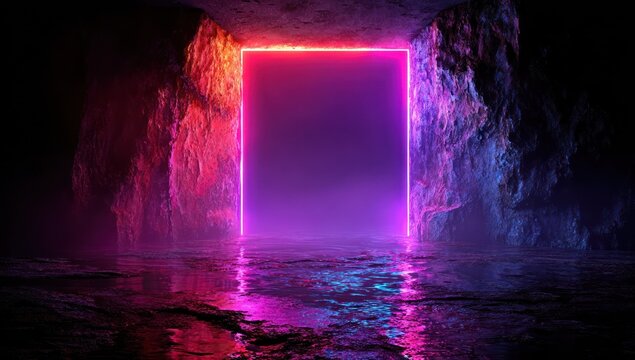 A neon-framed portal glows in a rocky, wet cave, casting colorful light & reflections