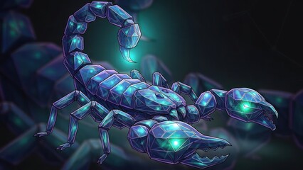 Cyberpunk Bioluminescent Scorpion Amid Neon Blue and Green Armor.