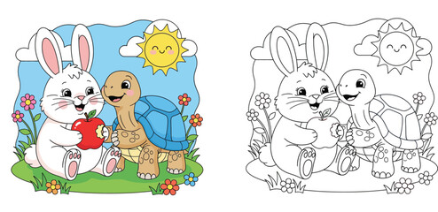 Cute cartoon white rabbit and turtle sharing a red apple outdoors. Happy animal friends playing in a garden with flowers and a smiling sun. Vector illustration for kids. © MstSangita