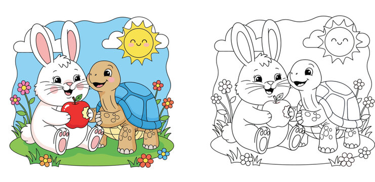 Cute cartoon white rabbit and turtle sharing a red apple outdoors. Happy animal friends playing in a garden with flowers and a smiling sun. Vector illustration for kids.