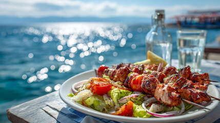 A plate of grilled meat skewers and salad on a waterfront restaurant table