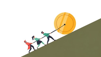 Teamwork Pushing Large Coin Up Steep Hill Symbolizing Financial Growth and Effort.