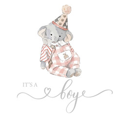 Watercolor Baby Elephant It's a Boy Baby Shower Vector Illustration