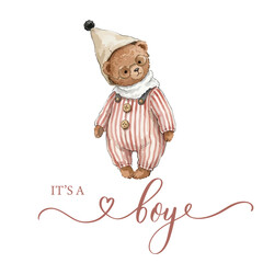 Watercolor Teddy Bear It's a Boy Baby Announcement Vector Illustration
