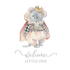 Watercolor Royal Mouse Welcome Little One Baby Greeting Vector Illustration