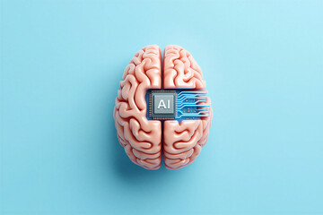 Artificial intelligence integrated into a human brain structure with a central processing unit and glowing blue circuit board connections symbolizing technological advancement and cognitive processing