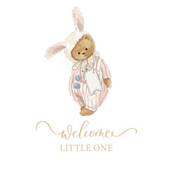 Watercolor Teddy Bear Bunny Suit Welcome Little One Baby Greeting Vector Illustration